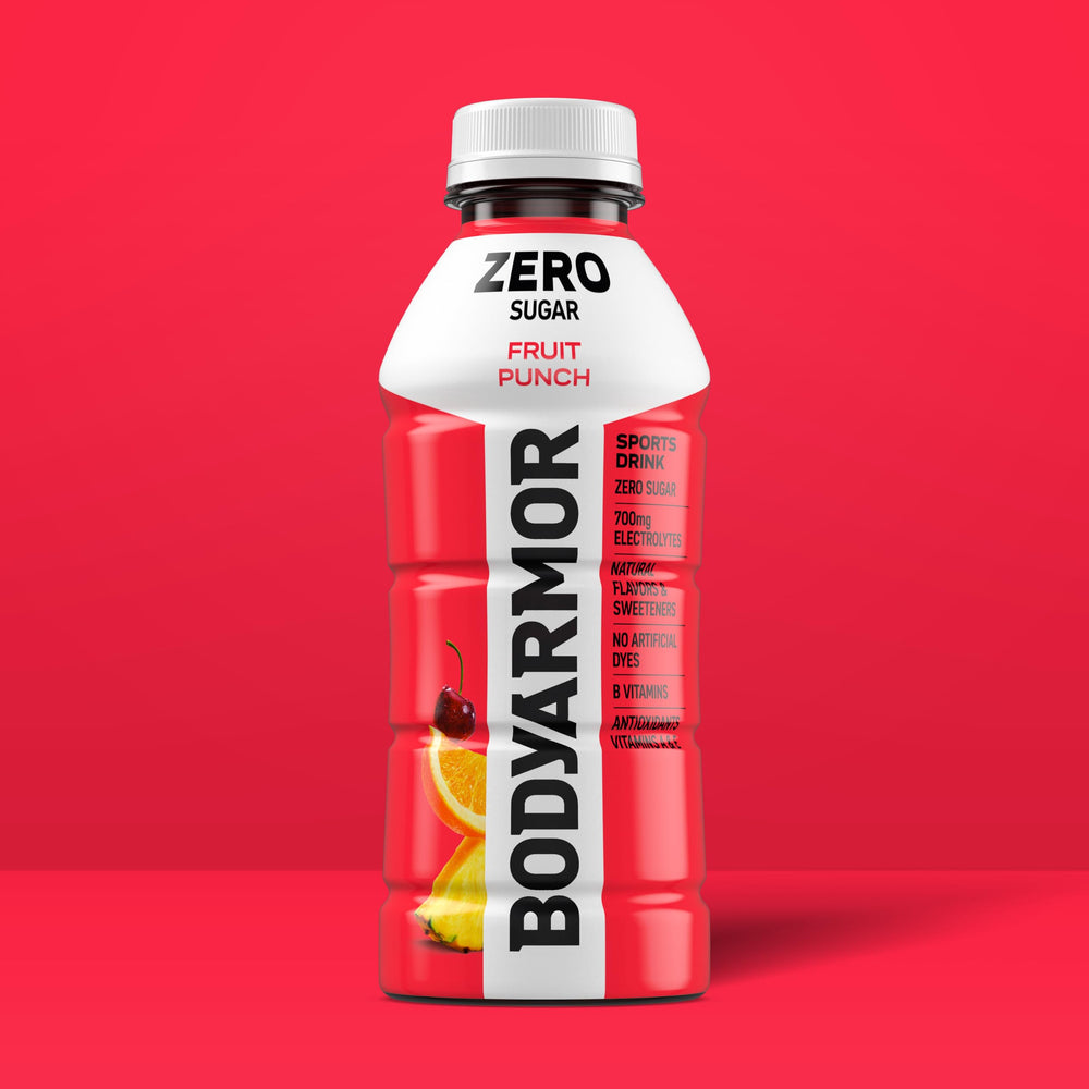 On-shelf BODYARMOR Zero Sugar Fruit Punch multi-pack signaling easy hydration choice.