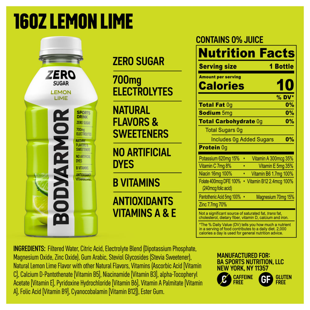 BODYARMOR Zero Sugar Lemon Lime bottle label highlighting natural flavors and zero sugar.
