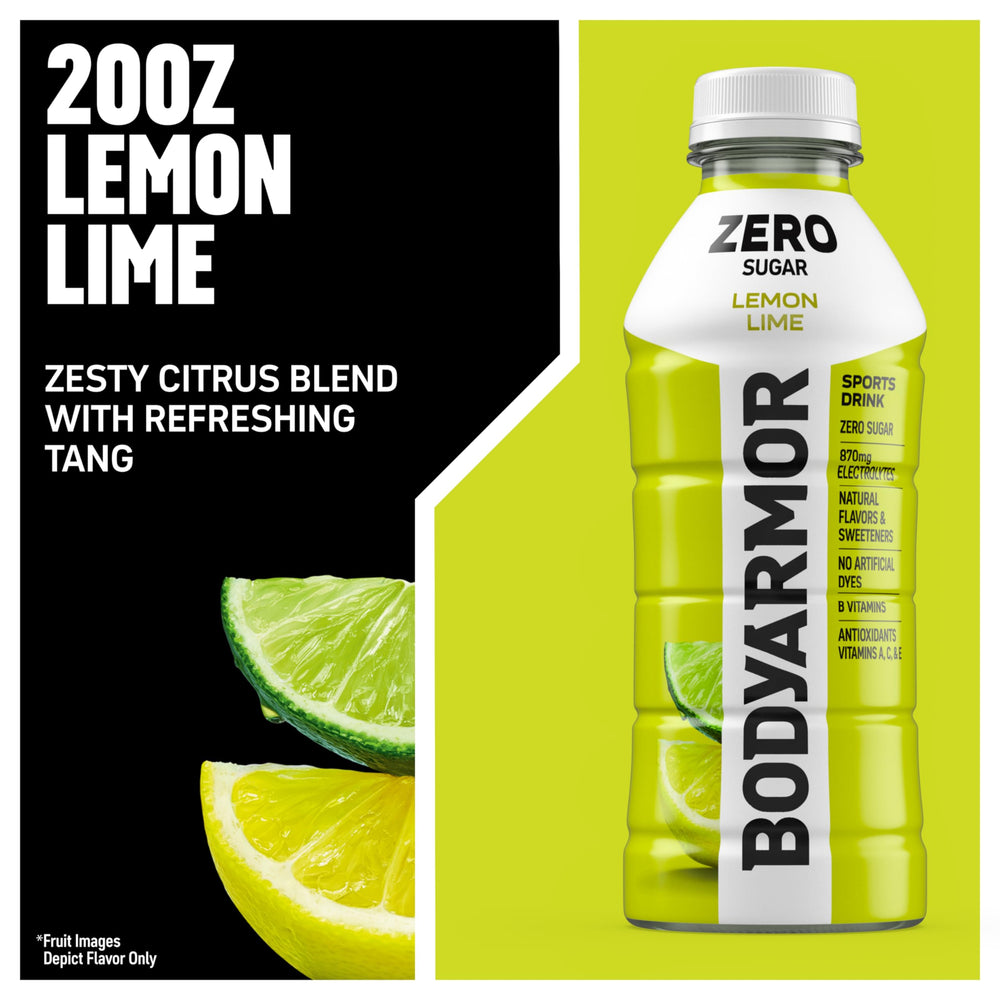 BODYARMOR Zero Sugar Lemon Lime in a glass highlights crisp citrus flavor.