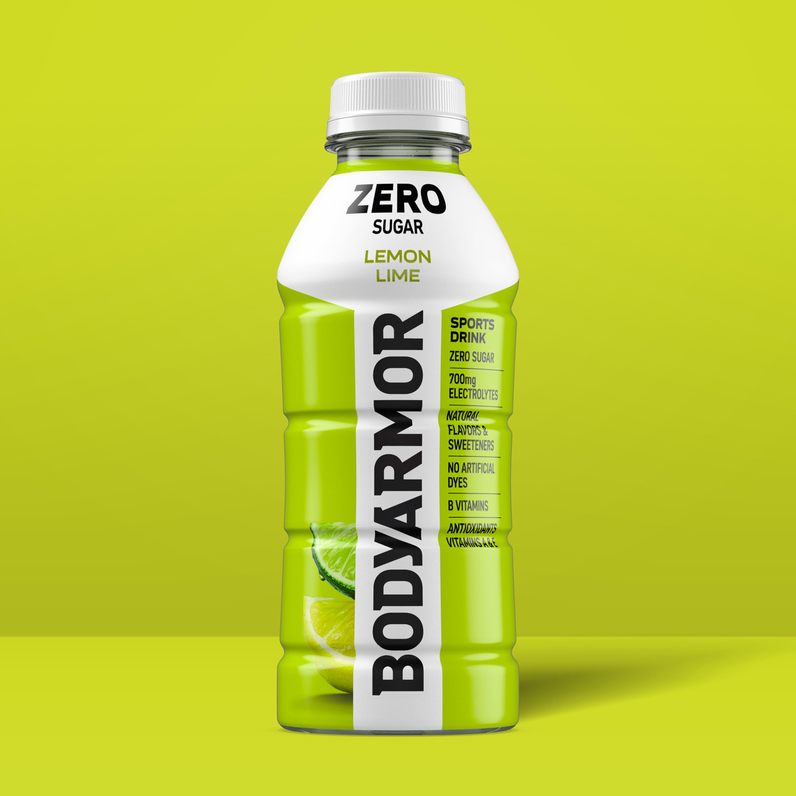 BODYARMOR Zero Sugar Lemon Lime ingredients panel with antioxidants.