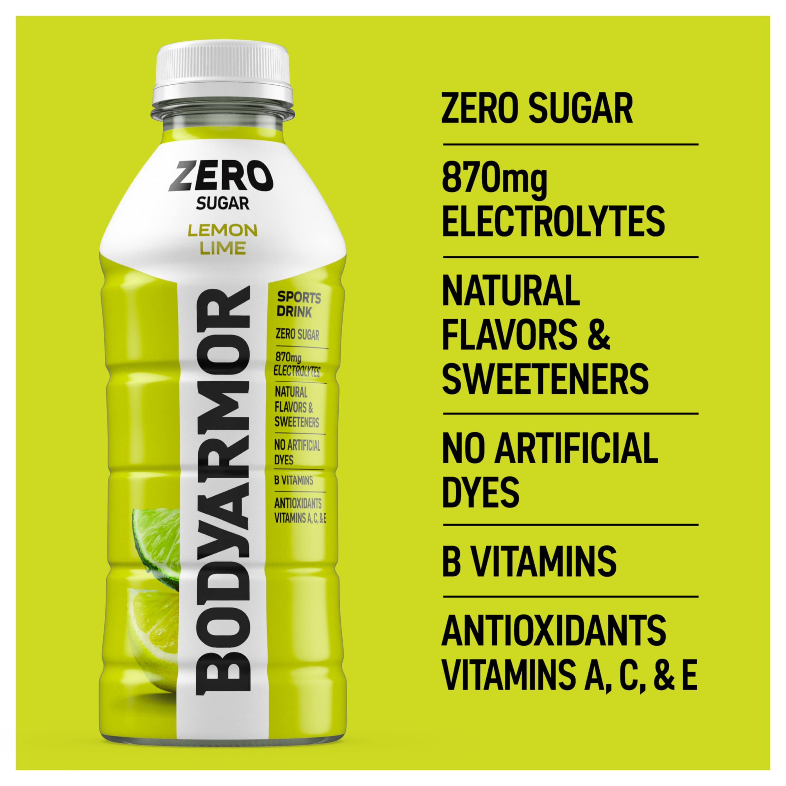 BODYARMOR Zero Sugar Lemon Lime label closeup shows clean ingredients.