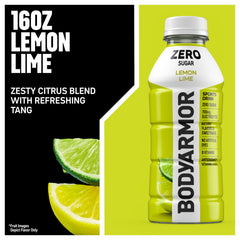 Closeup of BODYARMOR Zero Sugar Lemon Lime label showing zero sugar and natural flavors.