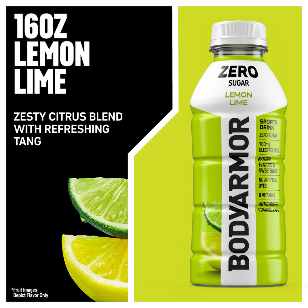 BODYARMOR Zero Sugar Lemon Lime six-pack, convenient for daily workouts and travel.
