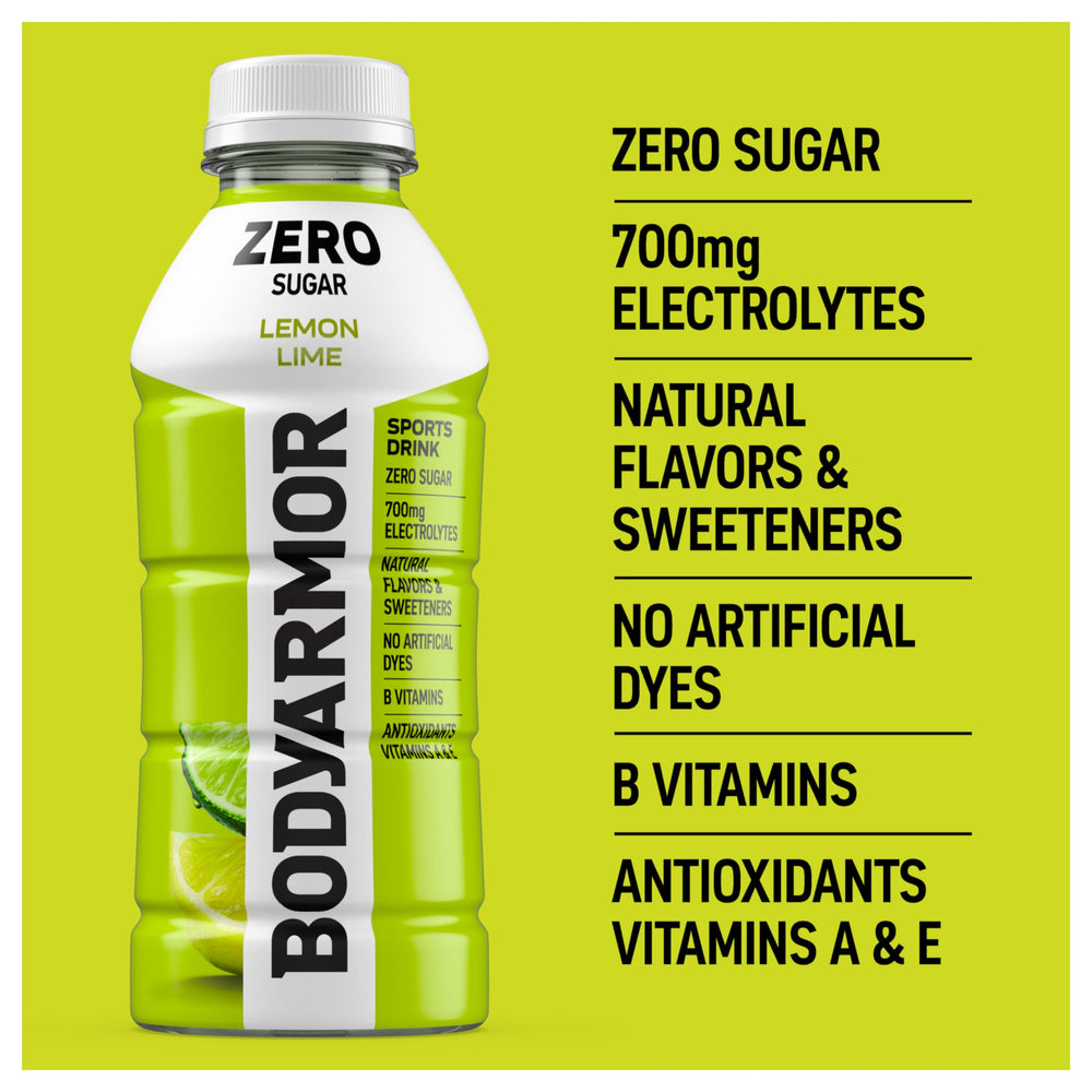 BODYARMOR Zero Sugar Lemon Lime being poured into a glass for refreshing hydration.