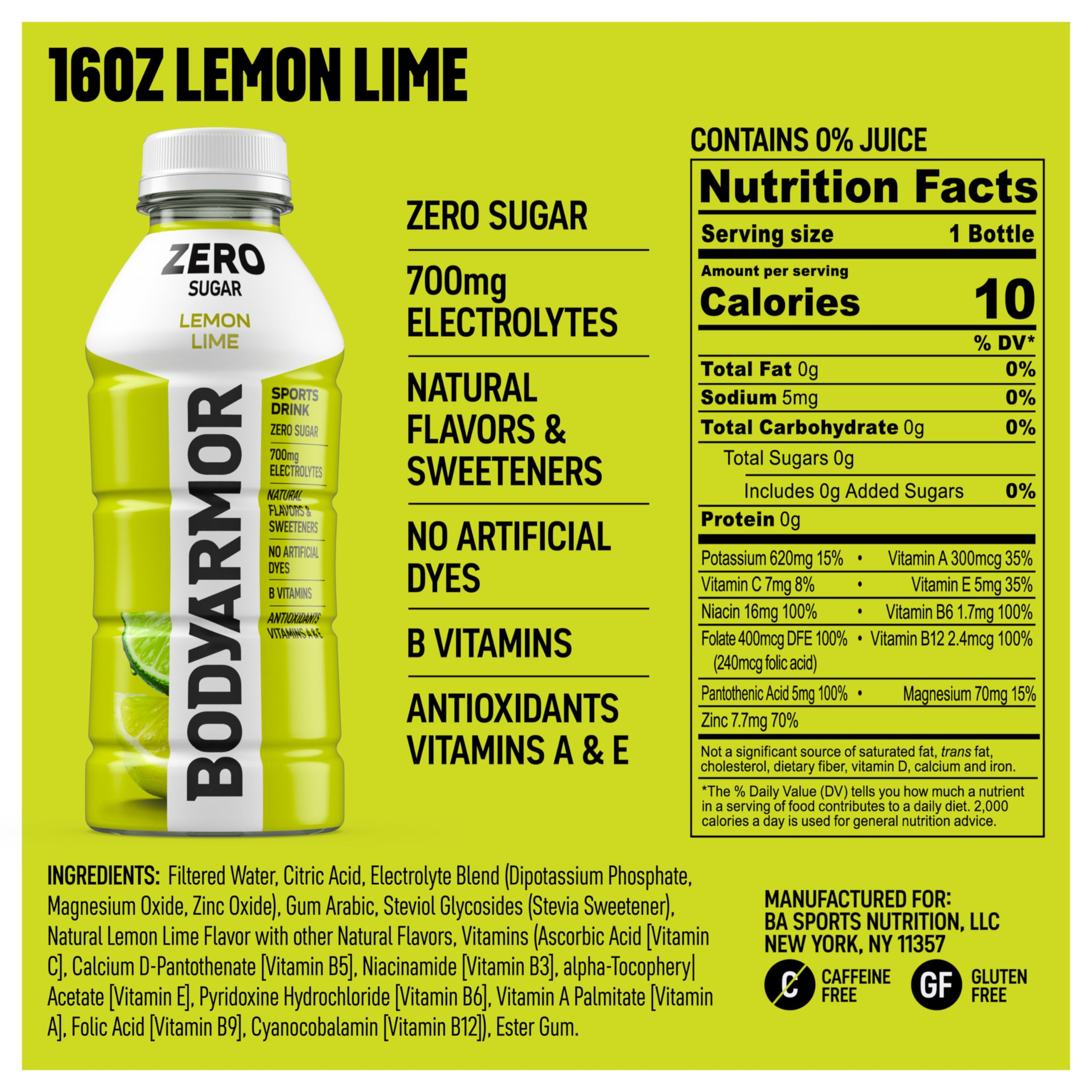 Pour of BODYARMOR Zero Sugar Lemon Lime signaling quick hydration during workouts.
