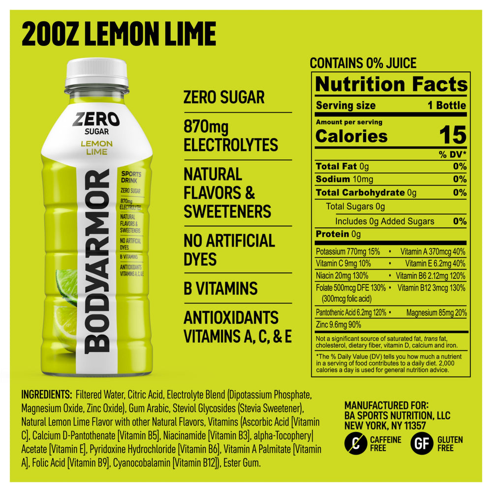 BODYARMOR Zero Sugar Lemon Lime pour showing easy hydration during training.