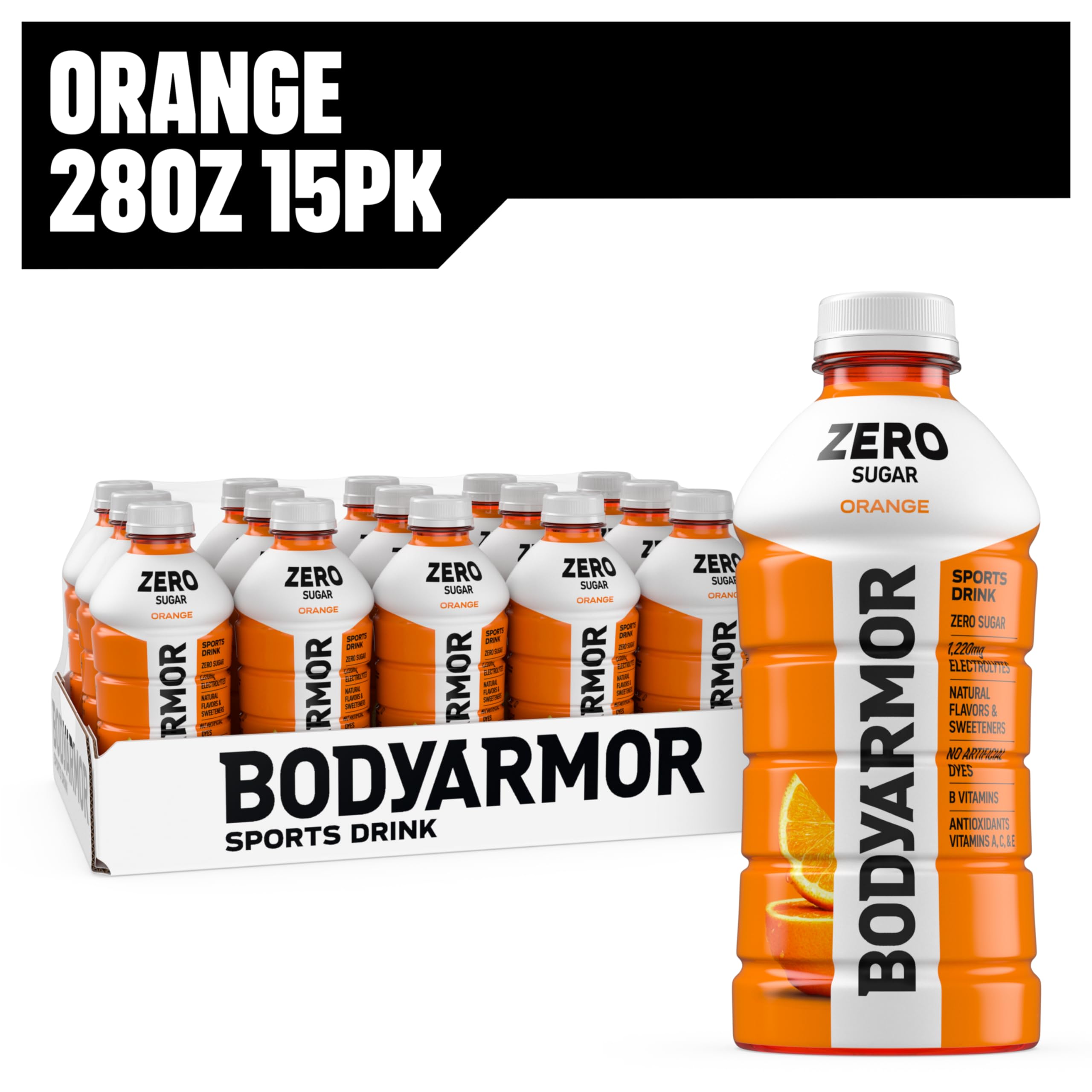 BODYARMOR Zero Sugar Orange closeup highlights natural flavor profile.