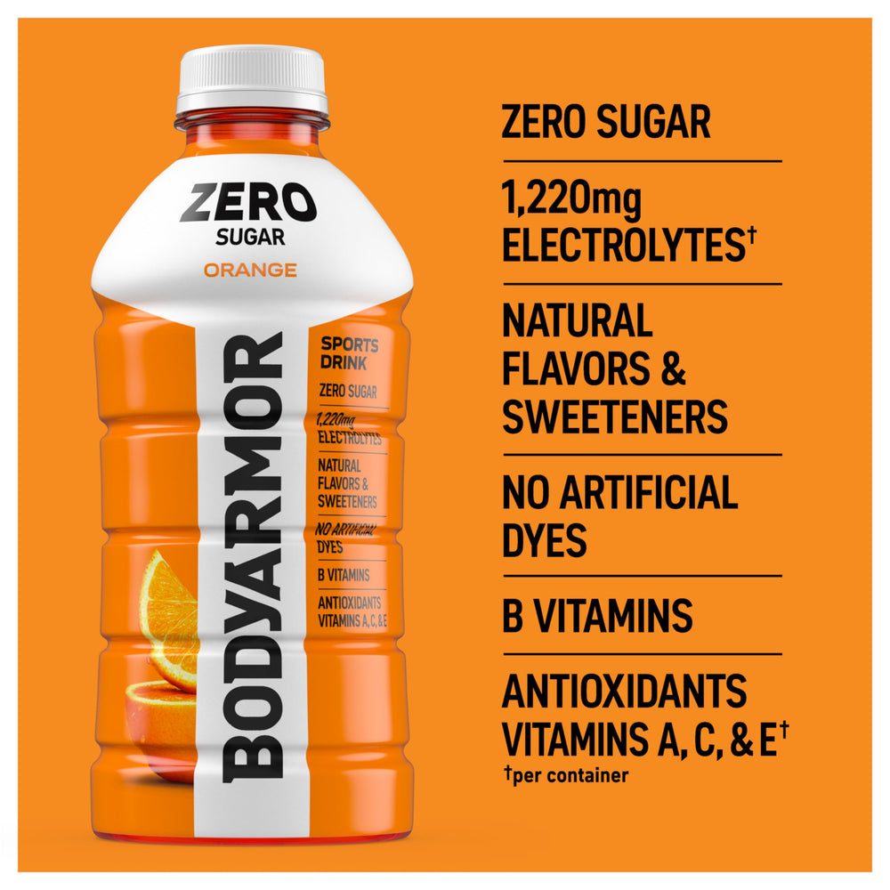 BODYARMOR Zero Sugar Orange glass shows vibrant fizz and color.