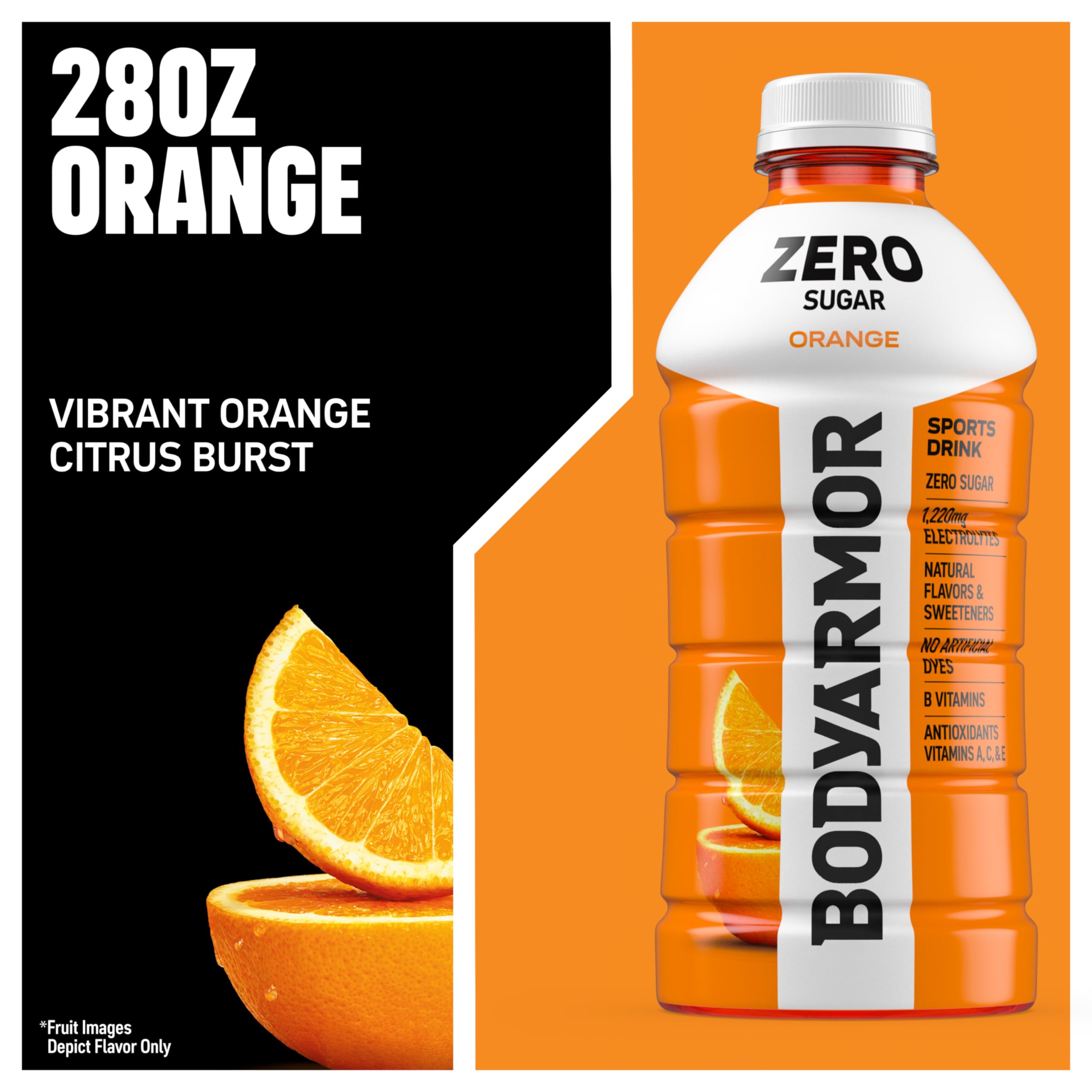 BODYARMOR Zero Sugar Orange label art highlights electrolytes at a glance.