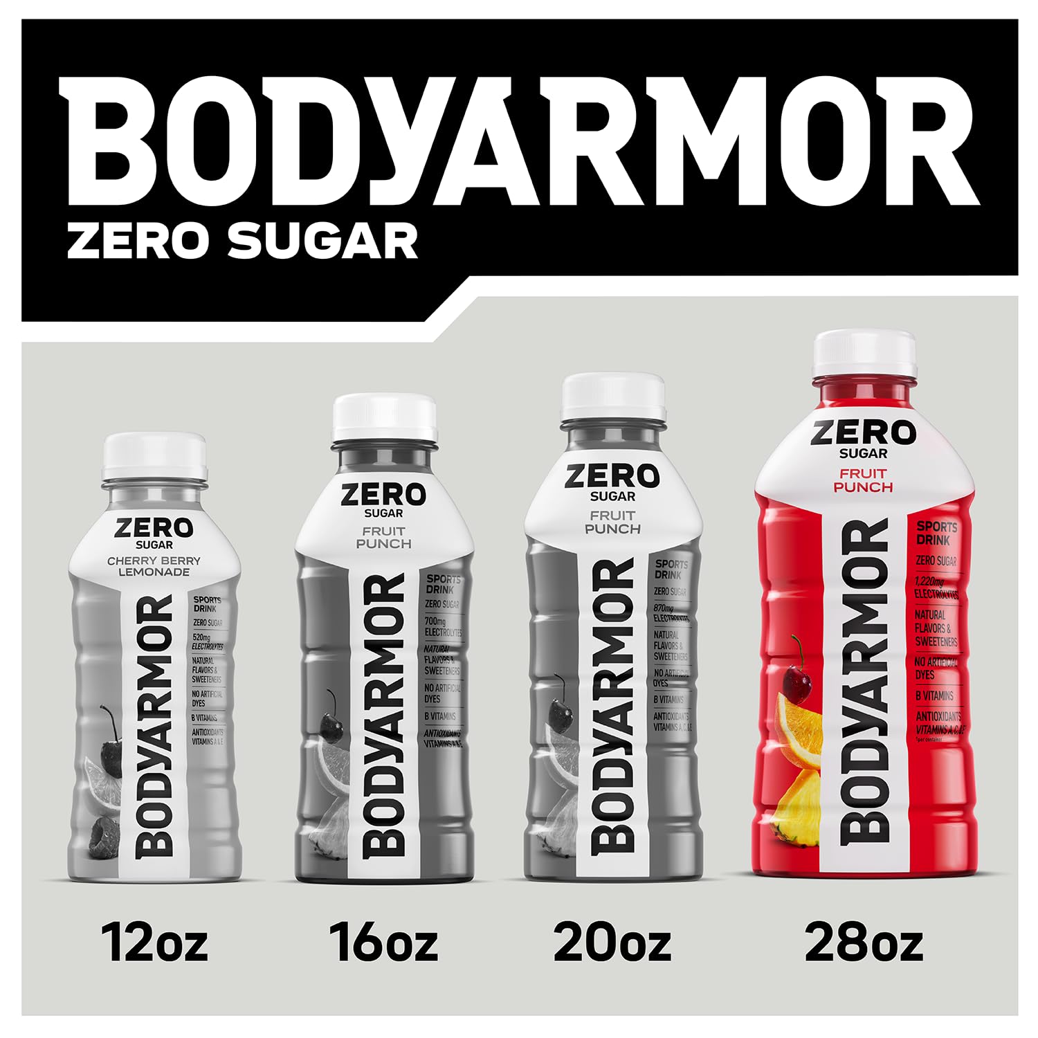 BODYARMOR Zero Sugar Orange icons emphasize electrolytes and antioxidants.