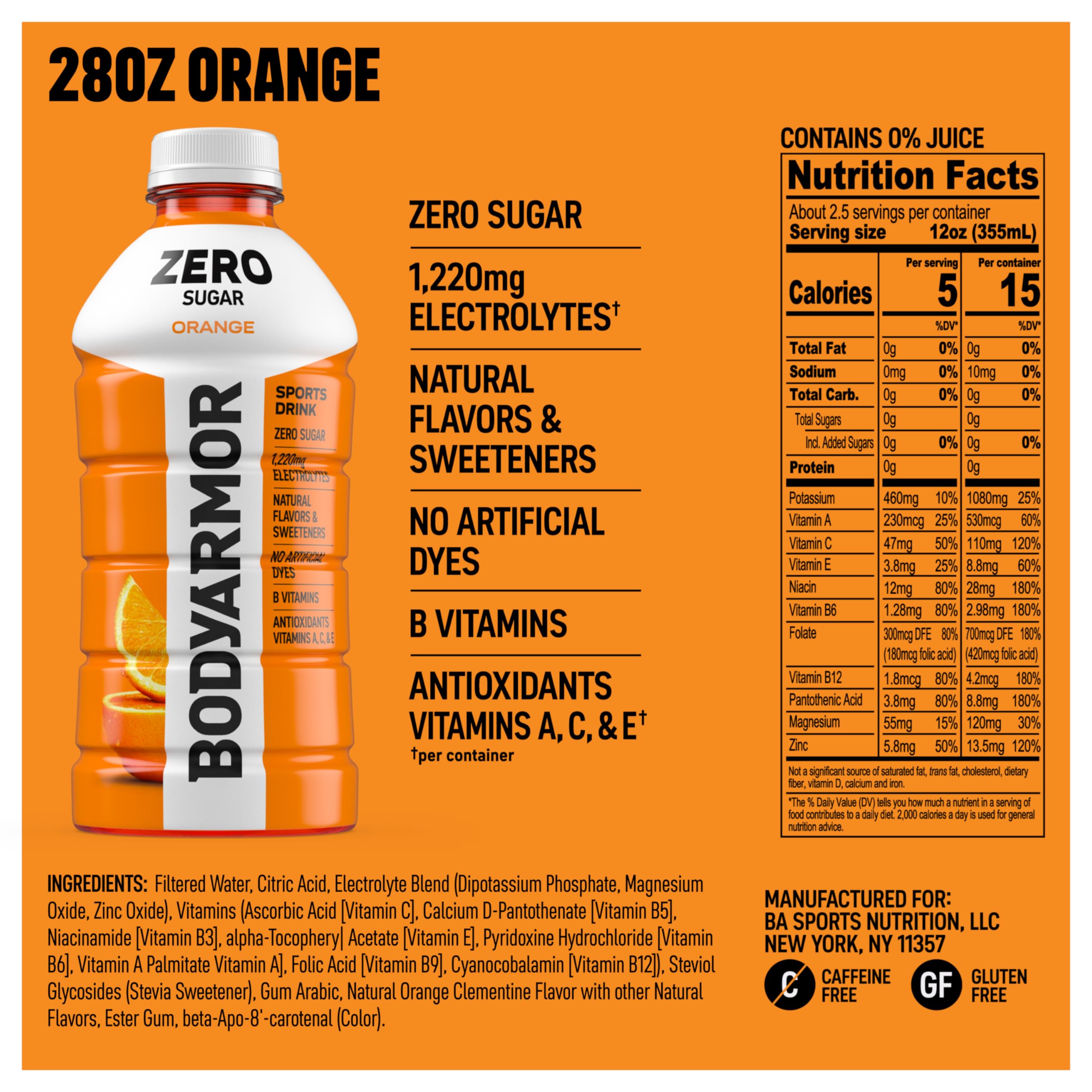 BODYARMOR Zero Sugar Orange pack of 15 bottles keeps hydration handy.