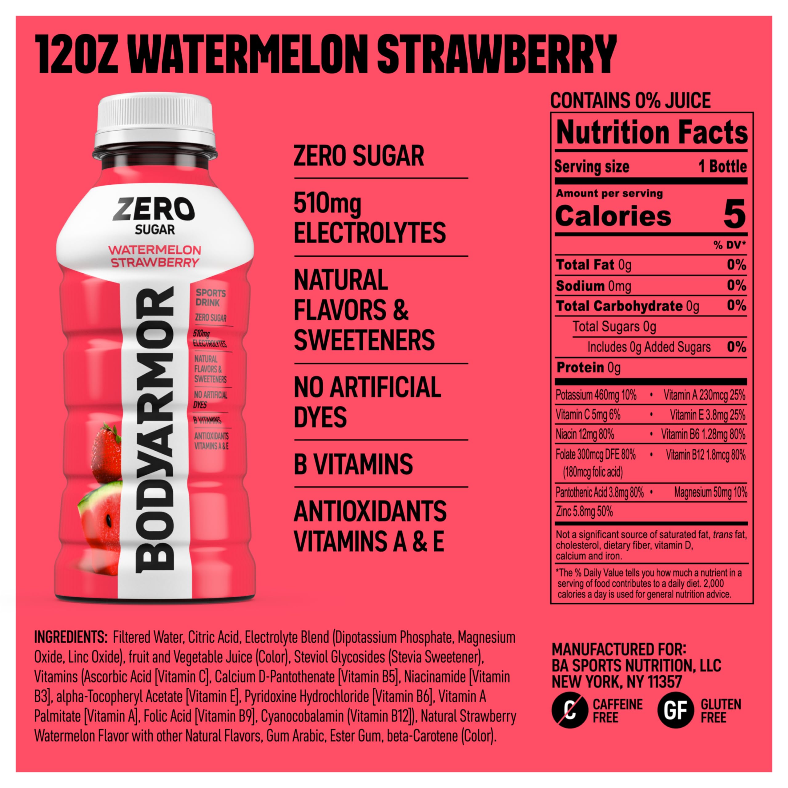 BODYARMOR Zero Sugar Watermelon Strawberry bottle pour showing quick hydration