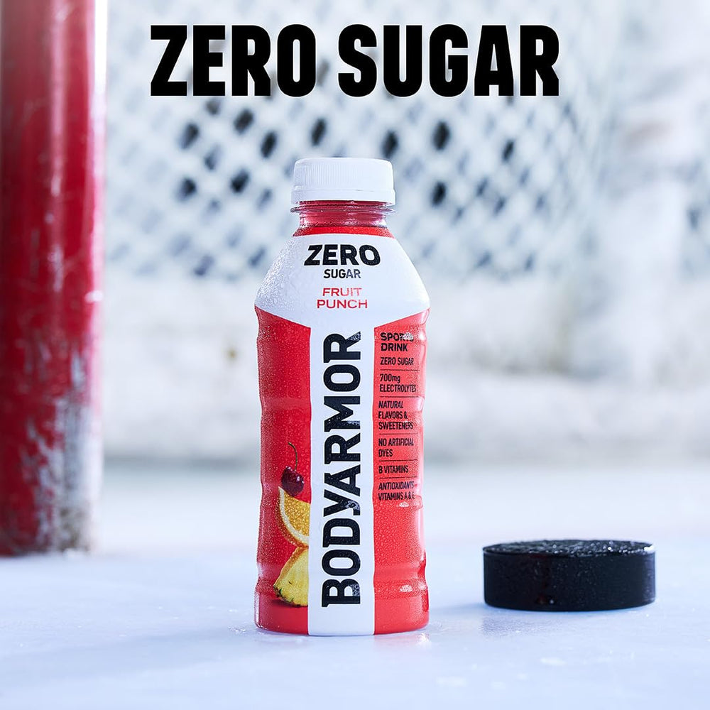 BODYARMOR Zero Sugar Watermelon Strawberry glass with ice signaling cool refreshment