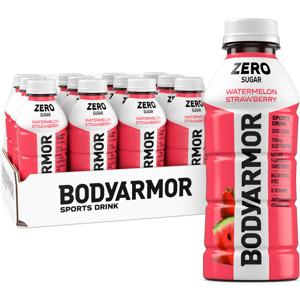 BODYARMOR Zero Watermelon Strawberry bottle highlighting hydration and zero sugar.