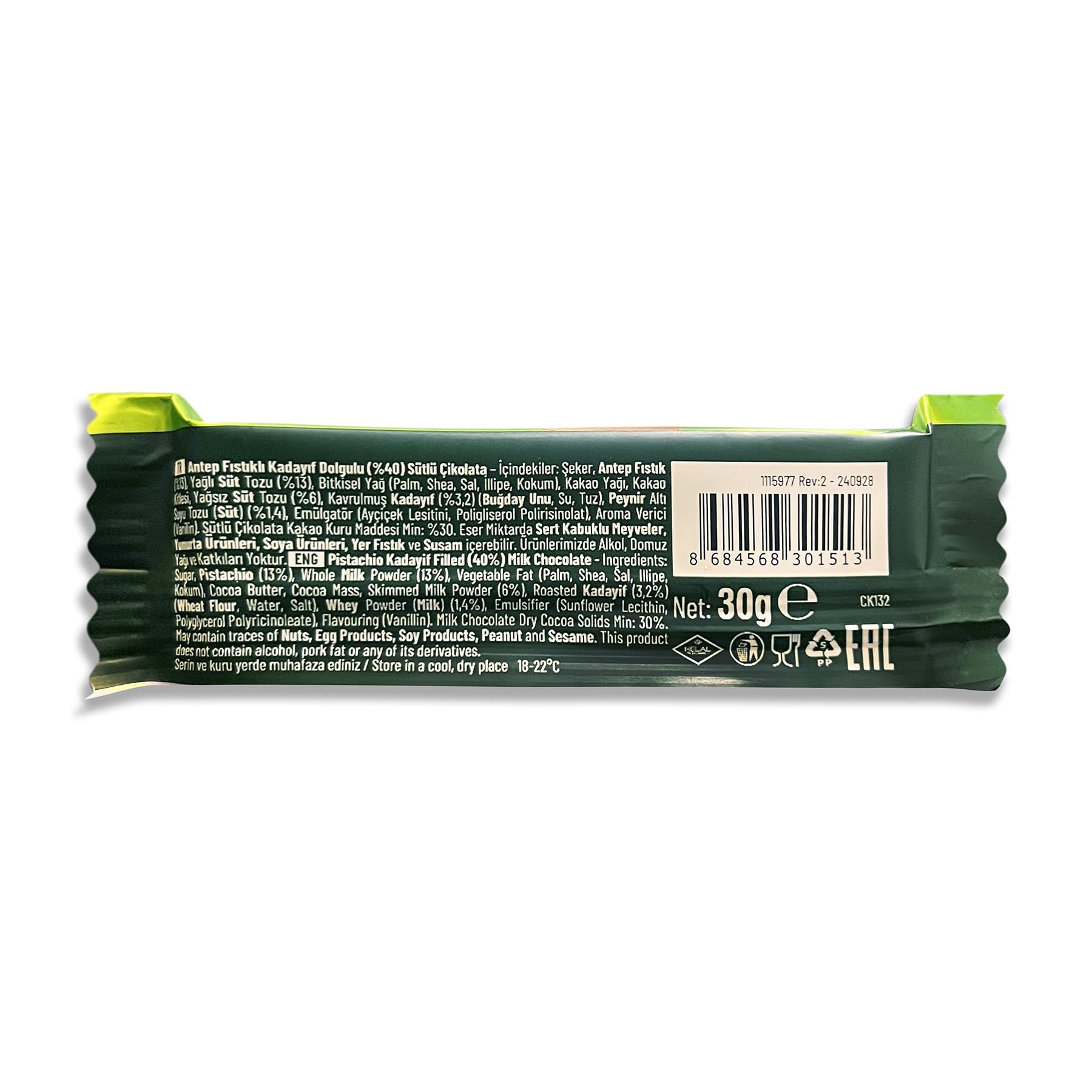 Bolci Dubai pistachio kunafa chocolate close-up highlighting creamy texture and nut crunch.