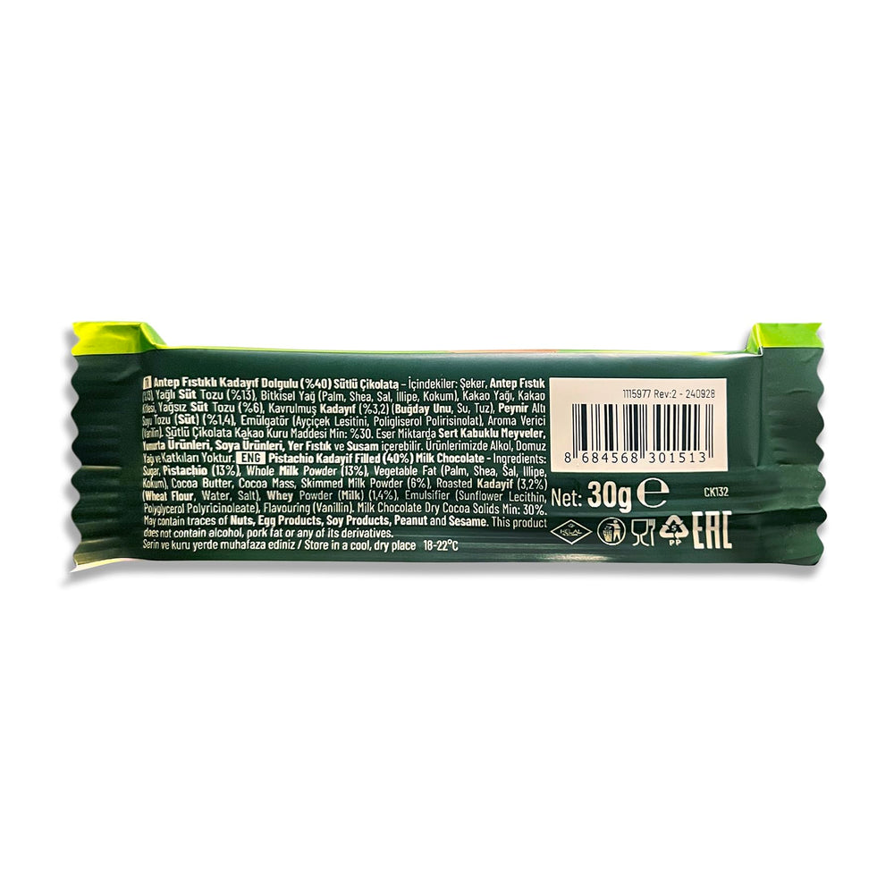 Bolci Dubai pistachio kunafa chocolate close-up highlighting creamy texture and nut crunch.