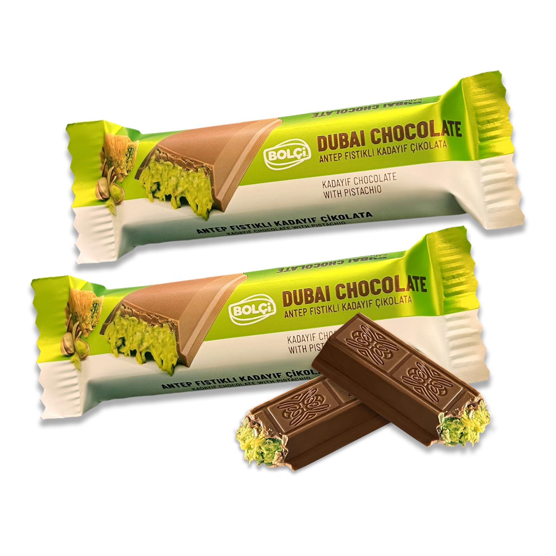 Bolci Dubai pistachio chocolate bar 2-pack shown in a gift-ready box, ideal for sharing.
