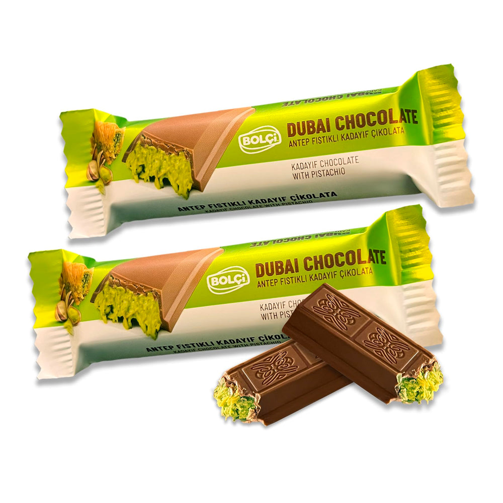 Bolci Dubai pistachio chocolate bar 2-pack shown in a gift-ready box, ideal for sharing.