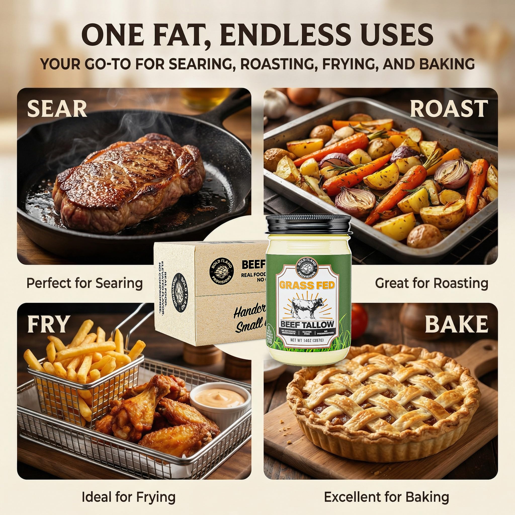 Bold I’Land Beef Tallow burger crust creates savory crust.