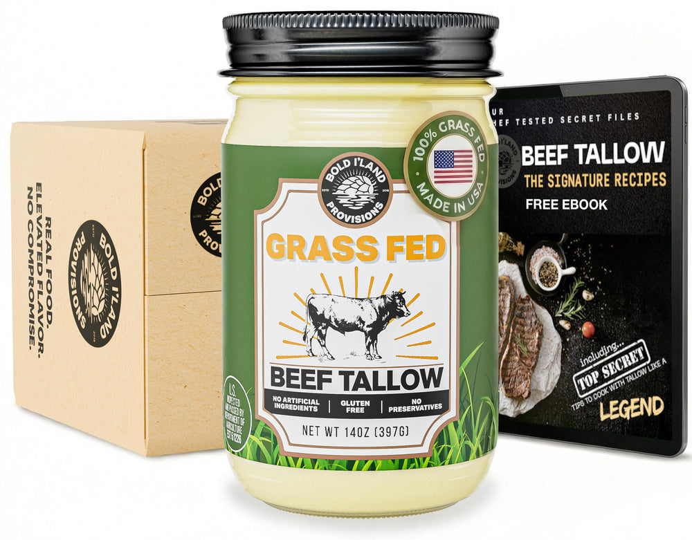 Bold I’Land Grass-Fed Beef Tallow jar for high-heat cooking with clean flavor.