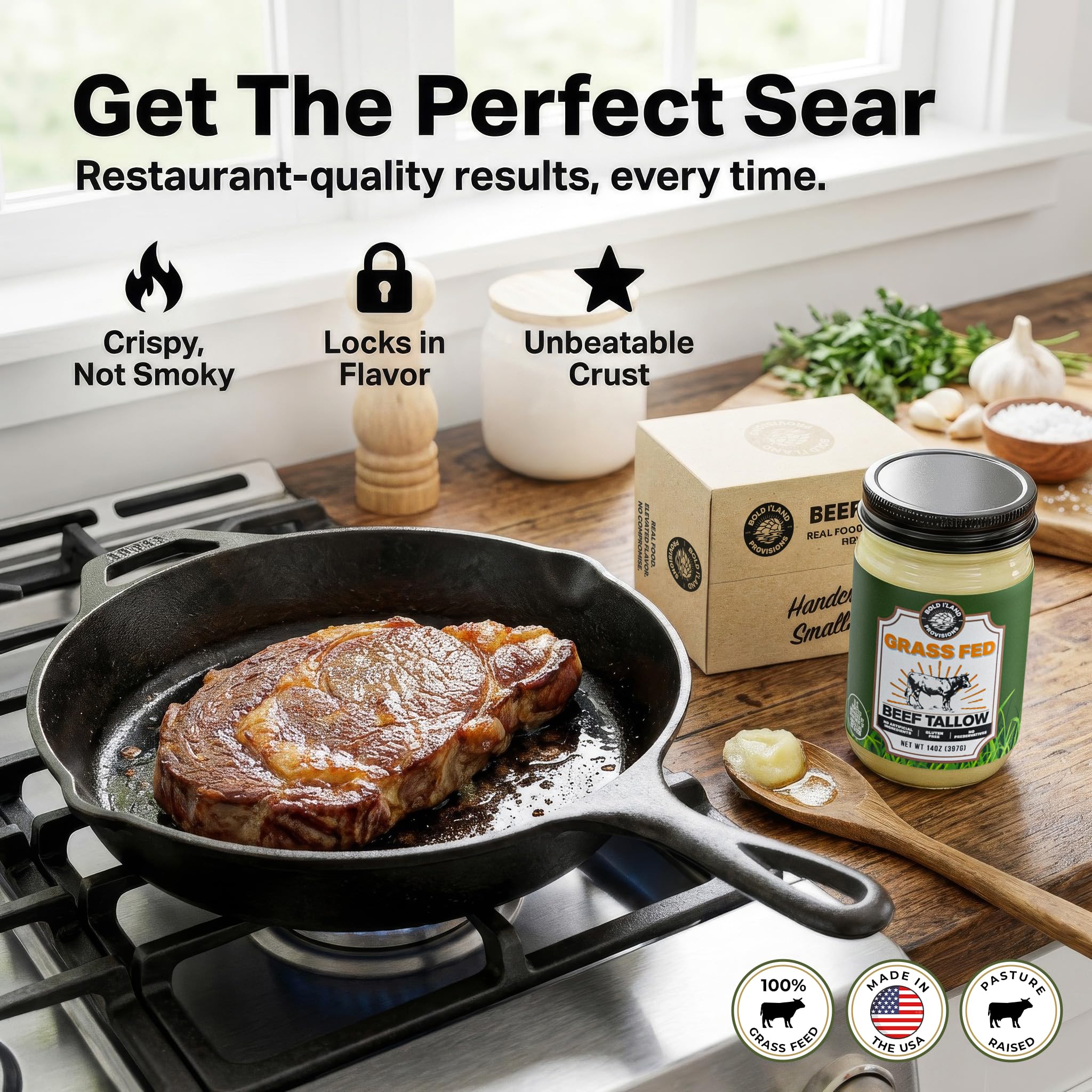 Bold I’Land Beef Tallow pour shows smooth melt for skillet searing.