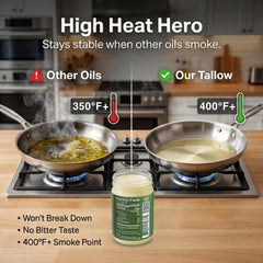 Bold I’Land Beef Tallow sizzle image hints at even browning and rich aroma.