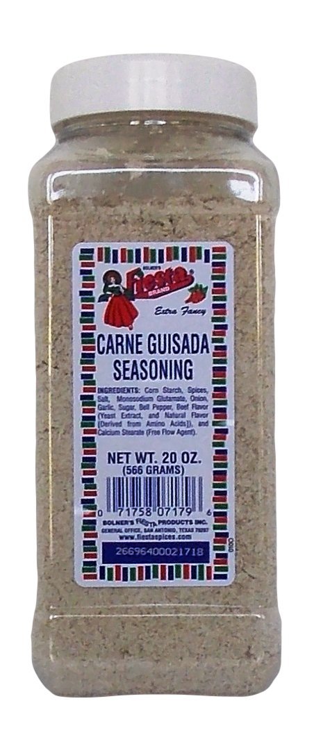 Bolner's Fiesta Carne Guisada seasoning bottle pouring to enrich beef stews.
