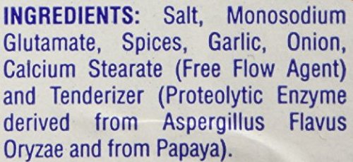 Bolner's Fiesta jar back view, showing salt, garlic, onion, and spices for Tex-Mex fajitas