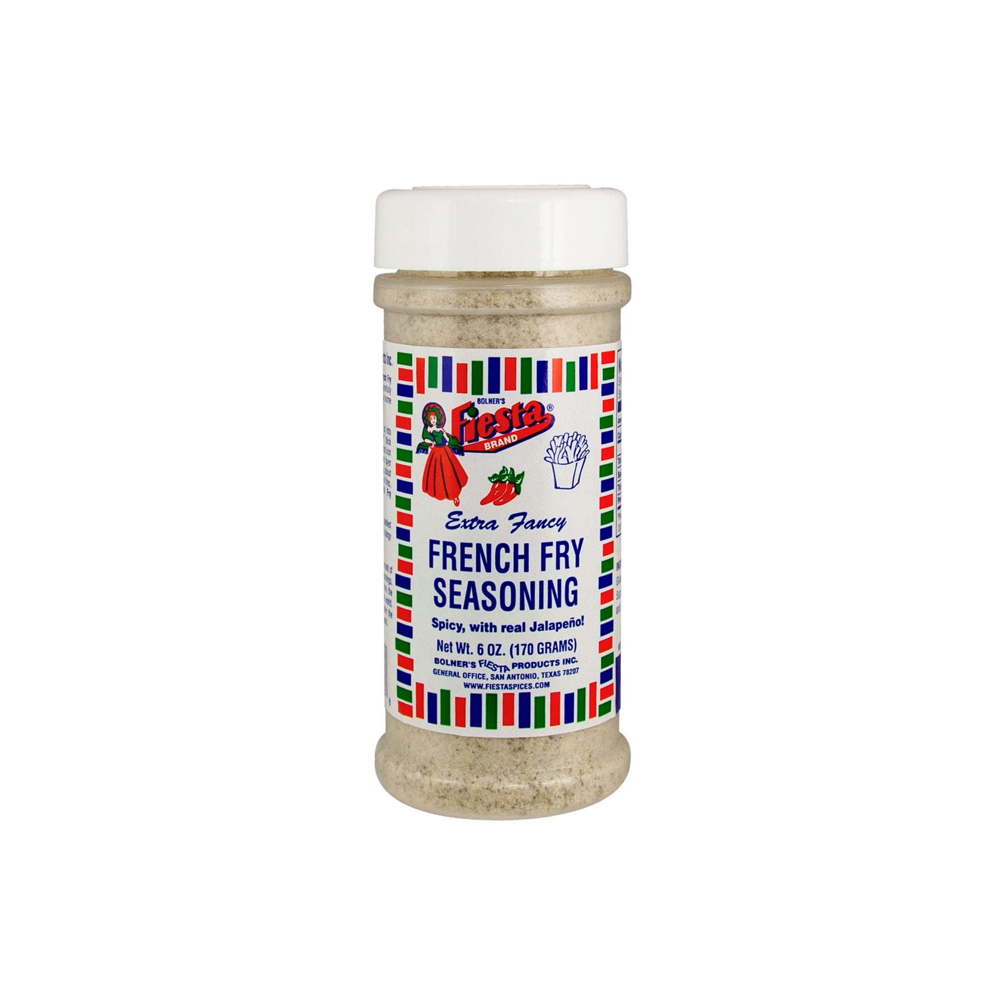 Bolner's Fiesta Extra Fancy French Fry Seasoning jar with spicy jalapeño blend for fries