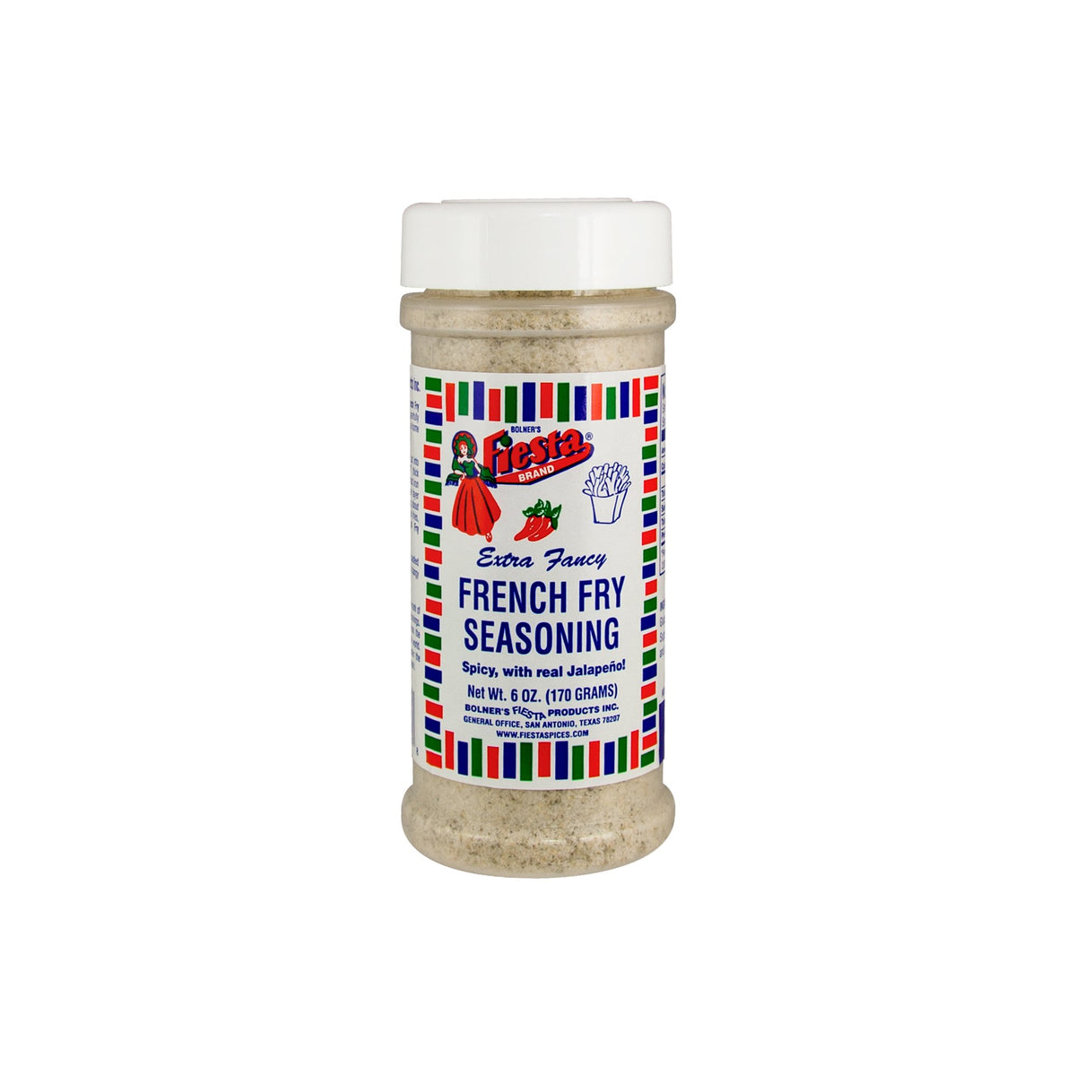 Bolner's Fiesta Extra Fancy French Fry Seasoning jar with spicy jalapeño blend for fries
