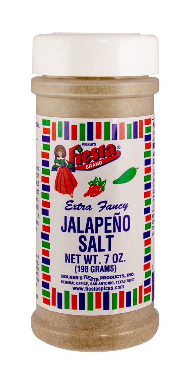 Bolner's Fiesta Extra Fancy Jalapeno Salt jar adds jalapeño flavor to meals.