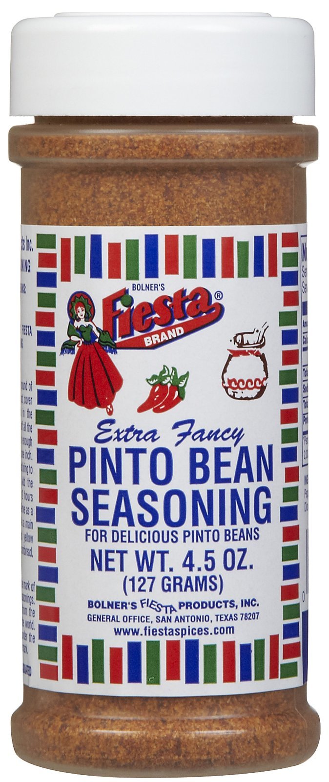 Bolner's Fiesta Pinto Bean Seasoning bottle close-up for richer bean flavor.