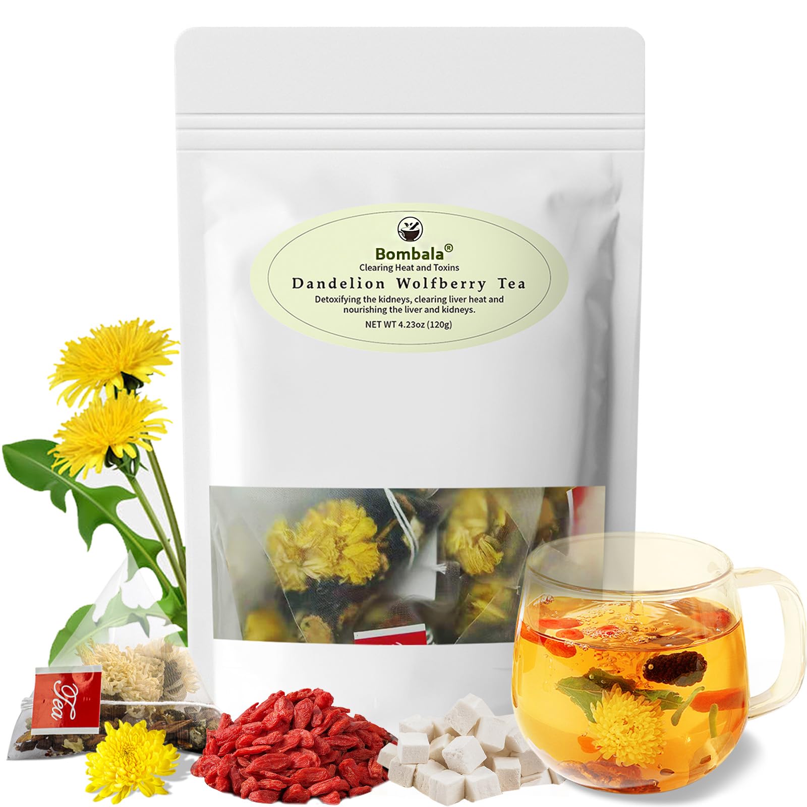 Bombala dandelion-wolfberry tea bags with calming caffeine-free aroma