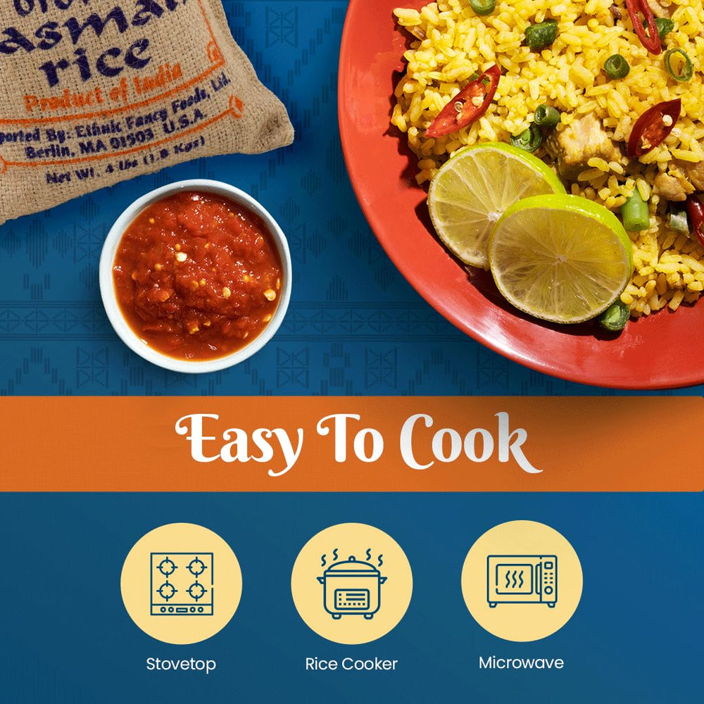 Bombay Market Kitchen scene with rice highlighting easy cooking and versatility.