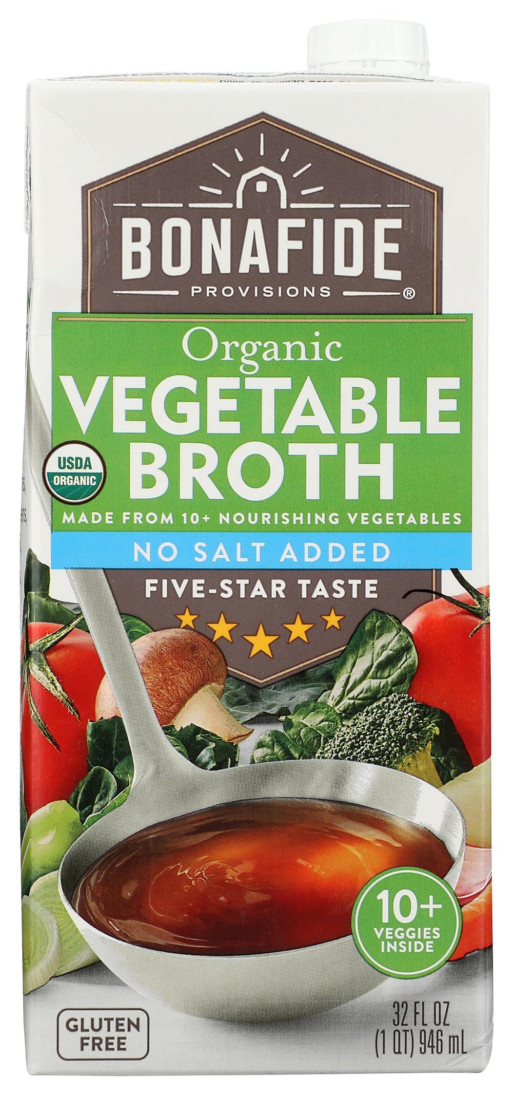 Bonafide Provisions Organic Vegetable Broth bottle, no salt added, ideal for simmering soups
