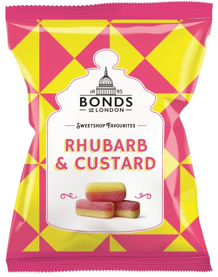 Bonds of London Rhubarb & Custard bag front view, ideal for tea-time snacking.