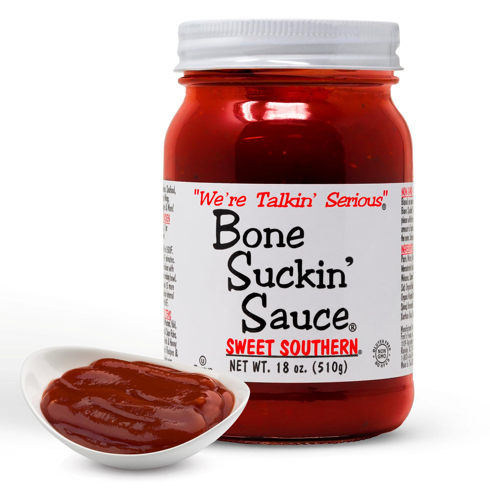 Bone Suckin' Sweet Southern BBQ Sauce bottle pouring for grilling and dipping.