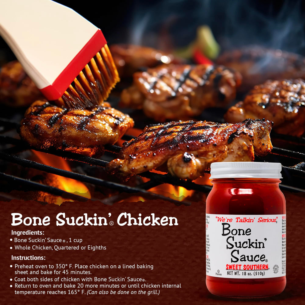 Chicken basted with Bone Suckin' Sweet Southern sauce during grilling.