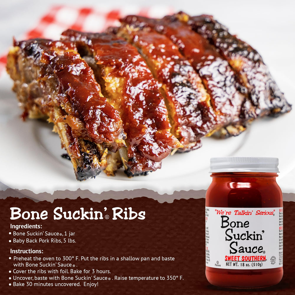 Ribs glazed with Bone Suckin' Sweet Southern sauce for caramelized finish.