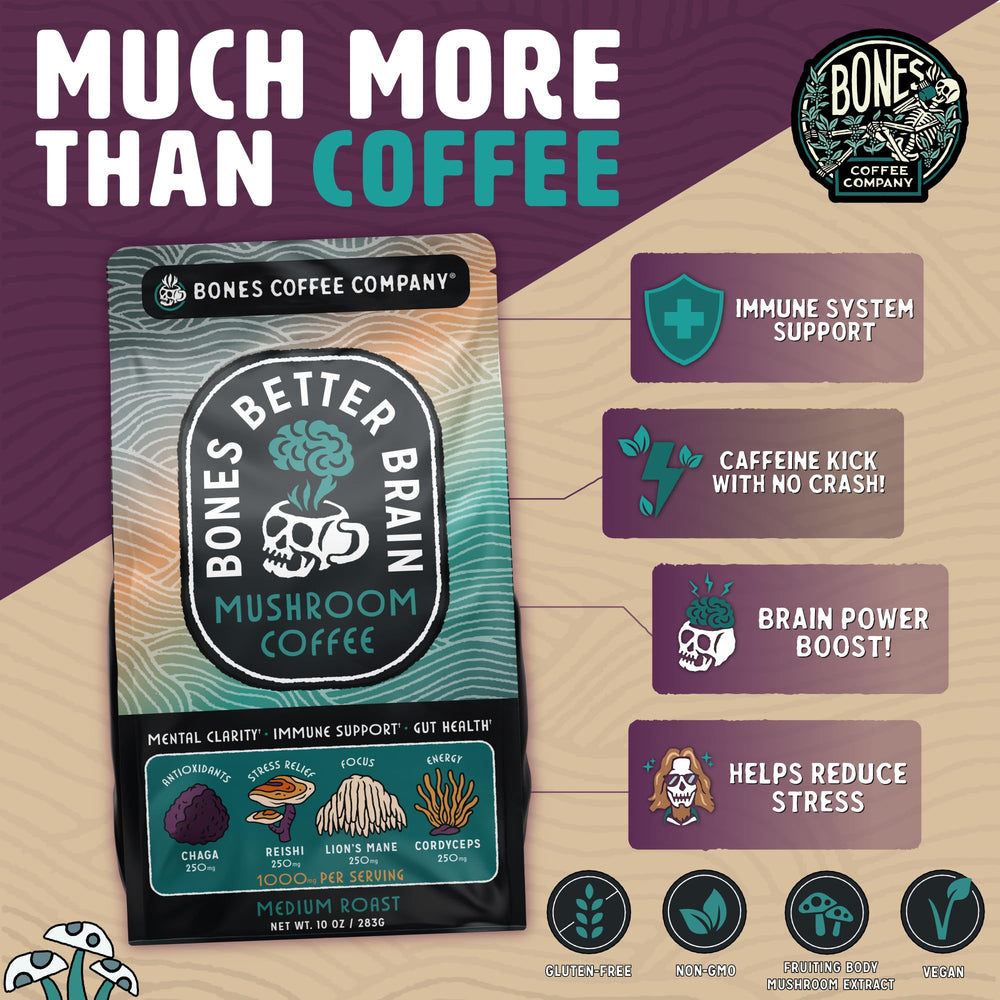 Bones Coffee Company Better Brain includes lions-mane for improved focus.