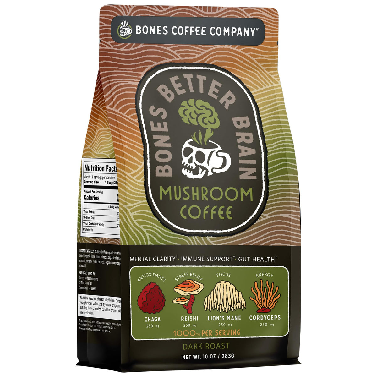 Bones Coffee Better Brain mushroom coffee bag with premium ingredients and inviting aroma