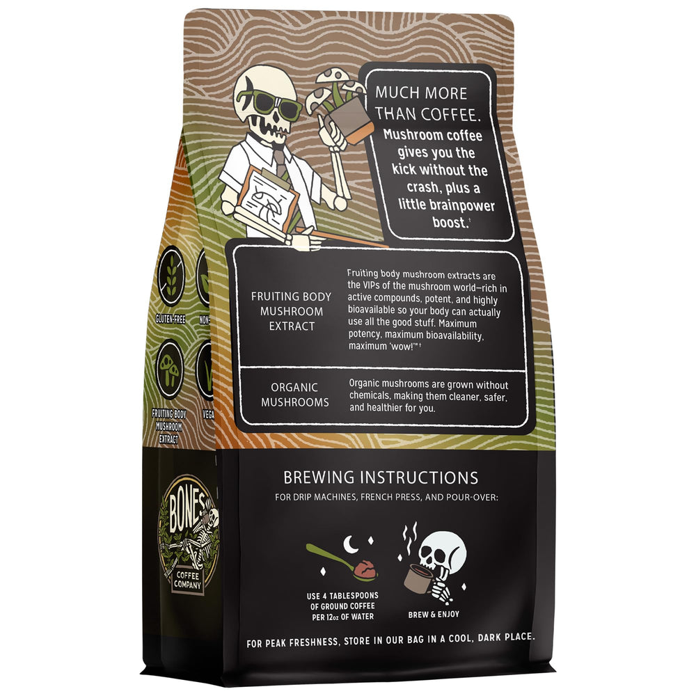 Bones Coffee Better Brain dark roast cup highlights smooth, low-acid flavor