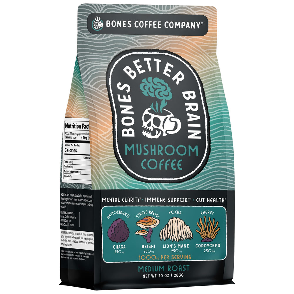 Bones Coffee Company Better Brain packaging showcases a premium mushroom blend for a focused morning routine.