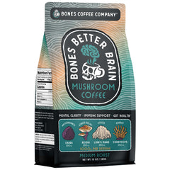 Bones Coffee Company Better Brain packaging showcases a premium mushroom blend for a focused morning routine.