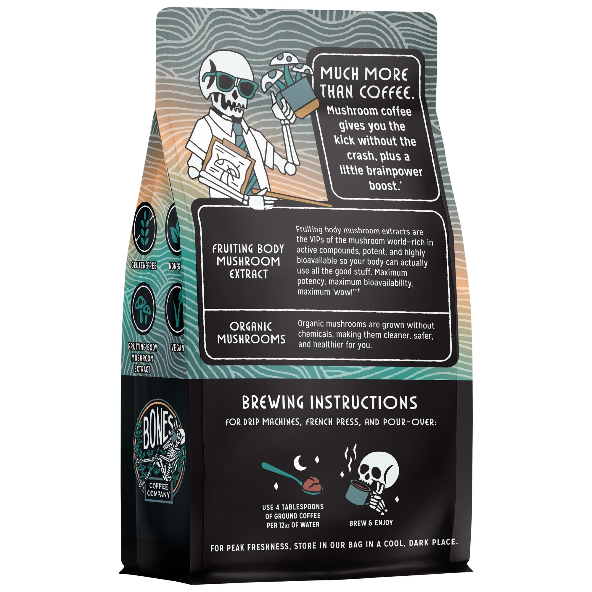 Bones Coffee Company Better Brain contains reishi for a smooth, mindful sip.