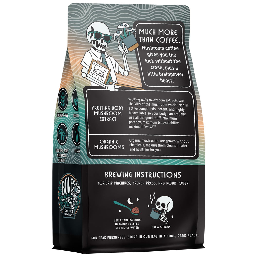 Bones Coffee Company Better Brain contains reishi for a smooth, mindful sip.