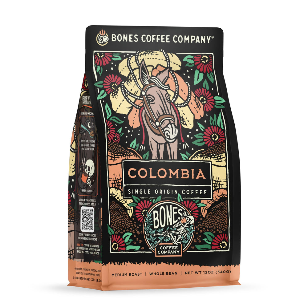 Bones Coffee Colombia almonds aroma enhances mornings with a nutty, inviting flavor.