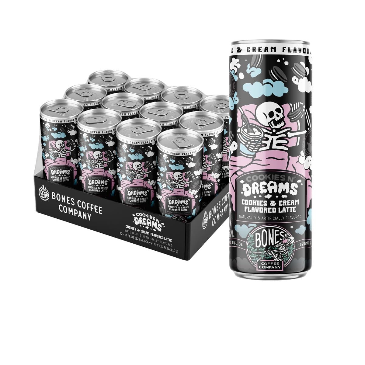 Bones Coffee Cookies N' Dreams Latte can front, ready-to-drink convenience for busy days.