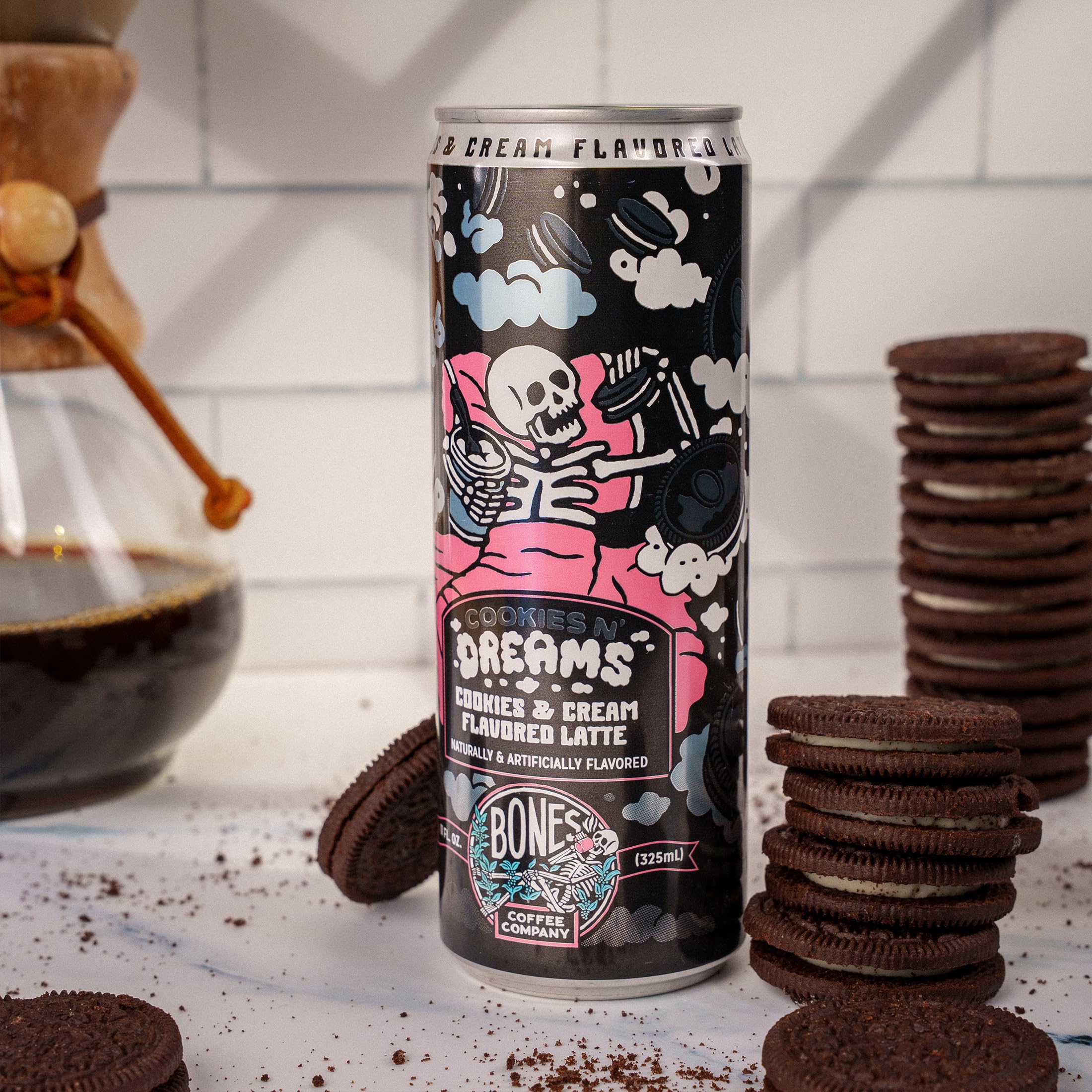 Bones Coffee Cookies N' Dreams Latte can pouring to reveal creamy latte texture.