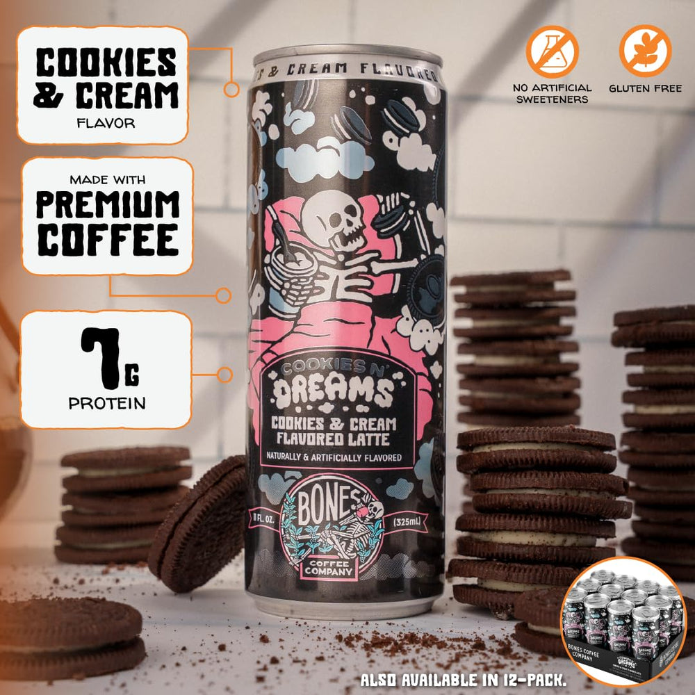 Bones Coffee Cookies N' Dreams Latte can side view, compact 11 oz on-the-go format.